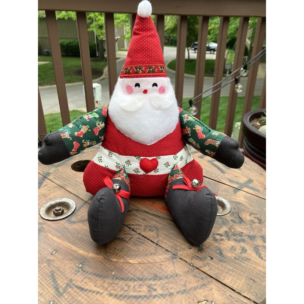 Vintage Handmade Santa Claus Plush 11" Christmas Fabric Folk Art With Bells